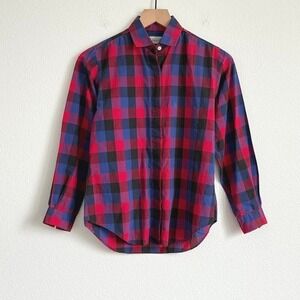 VTG 70s Dark Academia Nordstrom Buffalo Plaid Cotton Shirt Red Blue Coastal Prep